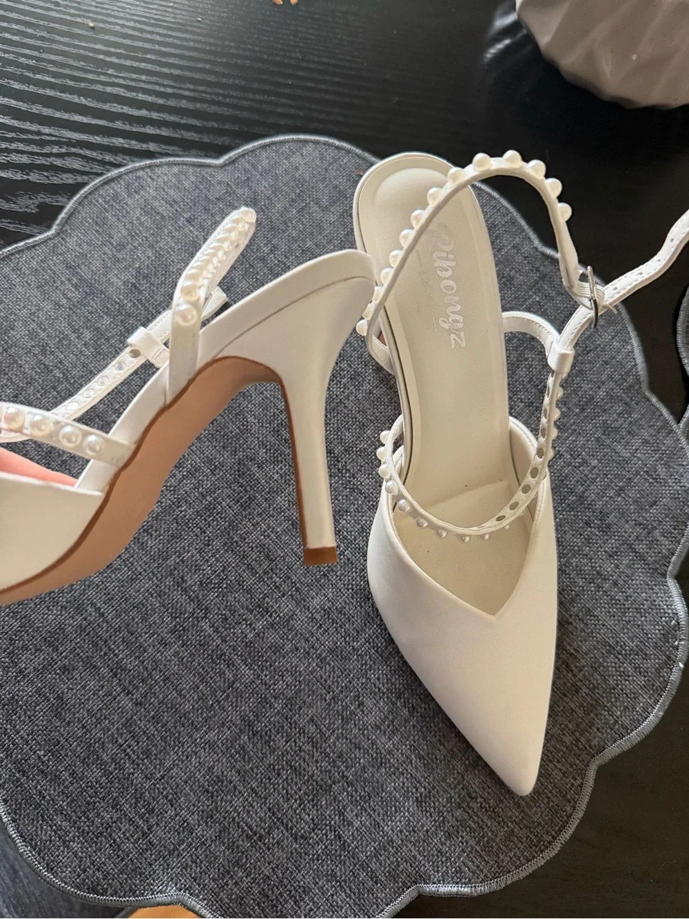 Women's White Pointed Toe Slingback Heels with Pearl Detail